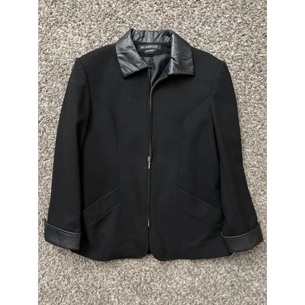 Braebrook Women's Wool Coat Large Black  Full Zip with leather collar Trim